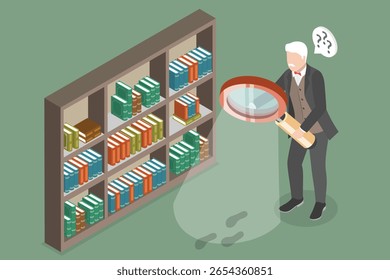 3D Isometric Flat Vector Illustration of Old Stylish Detective, Concept Of Humorous Portraits Depicting Elderly Man with Magnifying Glass