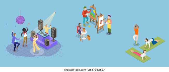 Ilustração de vetor plano isométrico 3D de povos Hobbies Variedade, Conjunto que representa entretenimento e recreação como conceitos abstratos