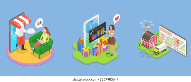 Ilustración vectorial plana isométrica 3D de cupón de regalo digital, compras en línea y entrega global