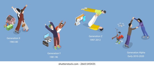 3D Isometric Flat Vector Illustration of Generations Comparison, Social Groups Concept