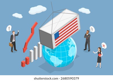Ilustración vectorial plana isométrica 3D de la guerra comercial, impacto de la presión económica estadounidense
