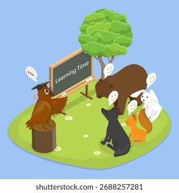 Ilustración vectorial plana isométrica 3D de la escuela forestal, estudiando animales