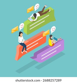3D Isometric Flat Vector Illustration of Digital Conversation, Chat Friend Messages