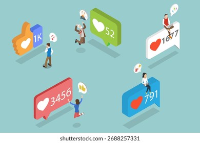 Ilustración vectorial plana isométrica 3D de burbujas similares, concepto para plataformas de redes sociales