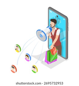 Ilustración vectorial plana isométrica 3D de marketing en Internet, campaña de publicidad en línea. Punto 1