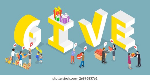 Ilustración vectorial plana isométrica 3D de caridad, voluntarios y donaciones