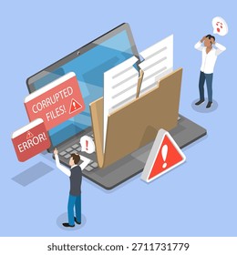 3D Isometric Flat Vector Illustration of Corrupted Files, Frustrated Individuals Looking At Broken File