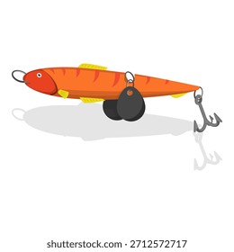 Ilustración vectorial plana isométrica 3D de Colección de cebo de pesca, aparejos de pescador y peces artificiales. Punto 1