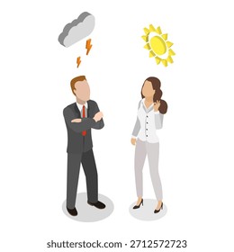 Ilustración vectorial plana isométrica 3D del pensamiento pesimista y optimista, positivo y negativo. Punto 3