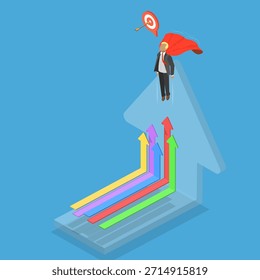 Ilustración vectorial plana isométrica 3D del hombre de negocios exitoso, hombre que se eleva al éxito a través de flechas de negocios