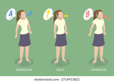 Ilustración vectorial plana isométrica 3D de la técnica de respiración, el ejercicio de respiración 4-7-8, una técnica de relajación para el alivio del estrés
