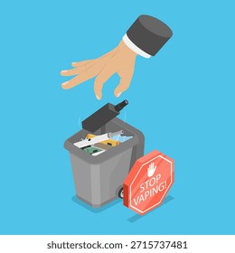 Ilustração de vetor plano isométrica 3D de parar vaping, superando o vício em cigarros eletrônicos