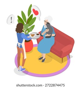 Ilustración vectorial plana isométrica 3D de cuidar a ancianos y niños, escenas de servicios para cuidadores. Punto 1