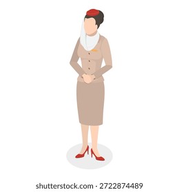 3D Isometric Flat Vector Illustration of Emirates Flight Attendants, Arabian Airline Women In Traditional Uniform. Item 1