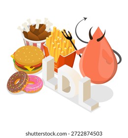 Ilustración vectorial plana isométrica 3D de HDL vs LDL, comparación de tipos de colesterol con ejemplos. Punto 1