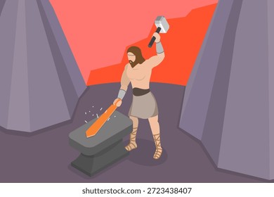 Ilustración vectorial plana isométrica 3D de Hephaestus - Dios griego, maestro del fuego y la metalurgia