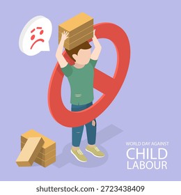 Ilustración vectorial plana isométrica 3D de la campaña Alto a la explotación laboral infantil y sensibilización