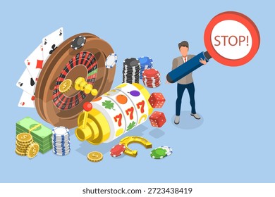 3D Isometrische flache Vektorgrafik von Stopp-Glücksspiel, Verbot von Wetten und Wetten Aktivitäten
