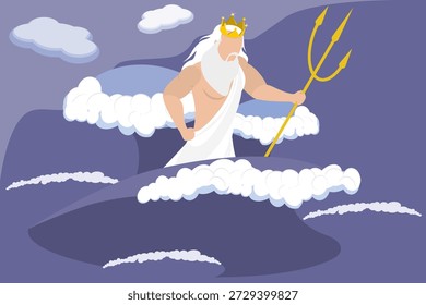 Ilustração de vetor plana isométrica 3D de Poseidon, Deus grego, Divindade do mar, tempestades, terremotos, cavalos