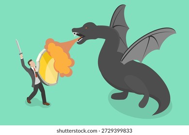 3D Isometric Flat Vector Illustration of Courage, A Businessman Battling A Dragon
