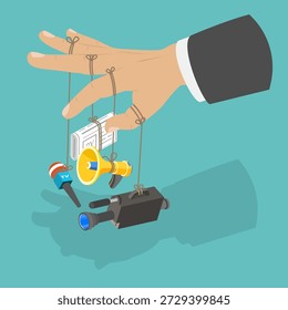 Ilustração de vetor plano isométrica 3D de informações falsas e desinformadas, braço do empresário que manipula a mídia