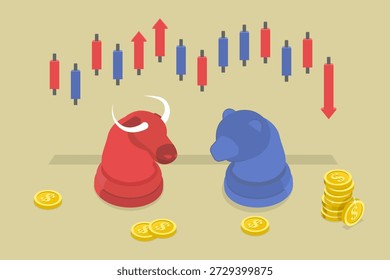 3D Isometric Flat Vector Illustration of Stock Market, Strategy In Bull And Bear Chess Pieces With Market Elements