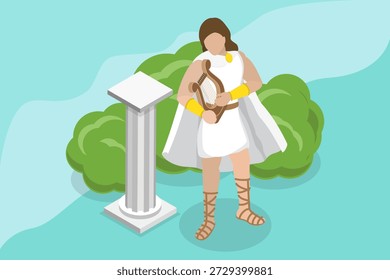 Ilustración vectorial plana isométrica 3D de Apolo, dios griego de la música, la verdad, la curación, el sol, la peste y la poesía