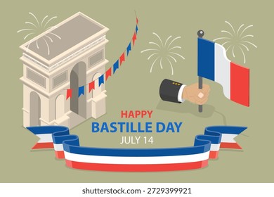 3D Isometric Flat Vector Illustration of Bastille Day, French National Celebration