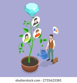 3D Isometric Flat Vector Illustration of Talent Growing, Businessman HR Nurturing Employee Tree
