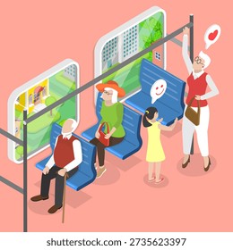3D Isometric Flat Vector Illustration of Courteous Kid, Young Girl Shows Respect By Offering Seat To Elderly Woman