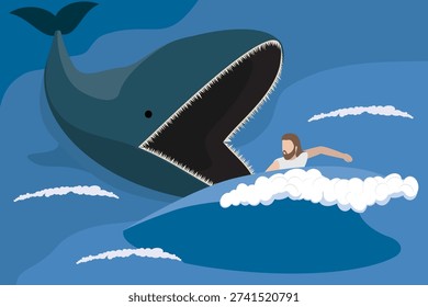 3D Isometric Flat Vector Illustration of Jonah And Whale, The Bible Story