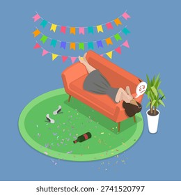 3D Isometric Flat Vector Illustration of After Party, Inebriated Woman Twirls On Couch After Birthday Celebration