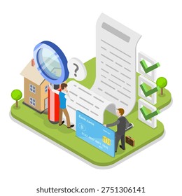 3D Isometric Flat Vector Illustration of Home Loan Agent Checking Credit History, Mortgage Broker Services. Item 3