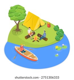 3D Isometric Flat Vector Illustration of Summer Activities, Camping Composition. Item 3
