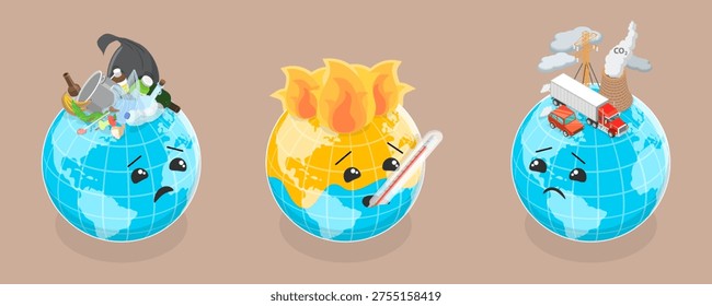 3D Isometric Flat Vector Illustration of Environmental Damage, Planet Earth Contamination And Pollution Crisis, A Looming Threat To Our Environment.