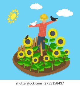 3D Isometric Flat Vector Illustration of Scarecrow, Sunflowers And Scarecrow: A Beautiful Pairing In The Field.