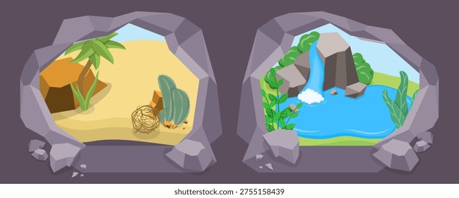 3D Isometric Flat Vector Illustration of Cave From Inside, Panoramic Vista From Stone Cave Entrance