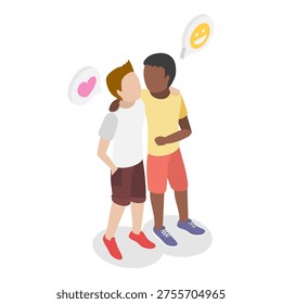 3D Isometric Flat Vector Illustration of Hugging Kids, Kids Friends Embracing In Warm Hug With Innocent Giggles And Genuine Smiles. Item 3