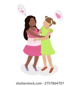 3D Isometric Flat Vector Illustration of Hugging Kids, Kids Friends Embracing In Warm Hug With Innocent Giggles And Genuine Smiles. Item 4