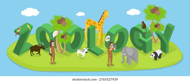 3D Isometric Flat Vector Illustration of Zoology, Study of Living Conditions Wild Animals in Wildlife