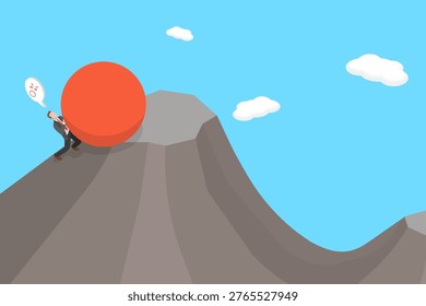 3D Isometric Flat Vector Illustration of Futile Task, Business Professional Pushing Boulder Uphill