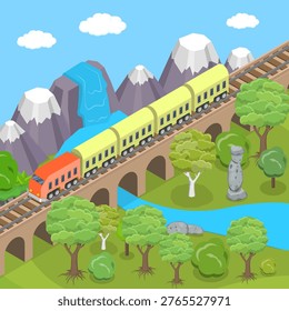 3D Isometric Flat Vector Illustration of Journeying Through Natural Landscapes By Train, Railway Transport and Bridge