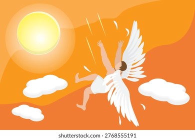 3D Isometric Flat Vector Illustration of Icarus, Greek Mythology, Angel Flying High Towards The Sun