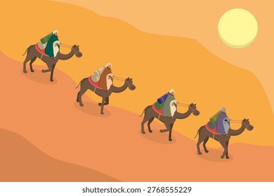3D Isometric Flat Vector Illustration of Silk Road, Arab Traders On Camels In The Scorching Desert