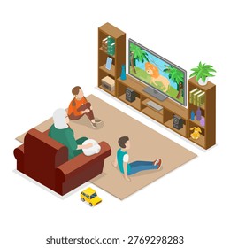 3D Isometric Flat Vector Illustration of Happy Family Having Fun, Warm Moments, Making Precious Memories Together. Item 2