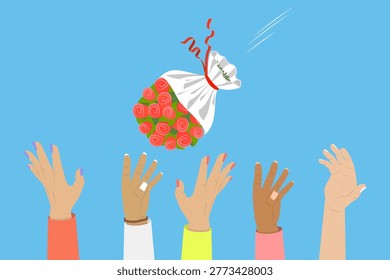 3D Isometric Flat Vector Illustration of Bridal Bouquet Toss, Bridesmaids Catch Bridal Bouquet In Wedding Ceremony Tradition.