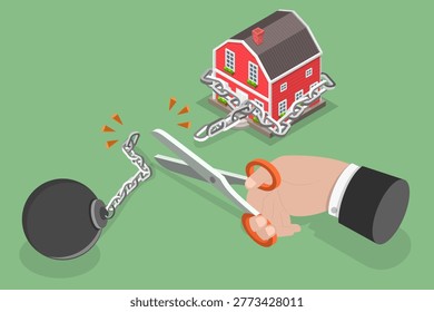 3D Isometric Flat Vector Illustration of Mortgage Free, House Bound By Chains, A Captive Home