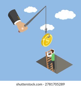 3D Isometric Flat Vector Illustration of Salary Trap, Businessman Climbing Ladder To Grab Money From Hook