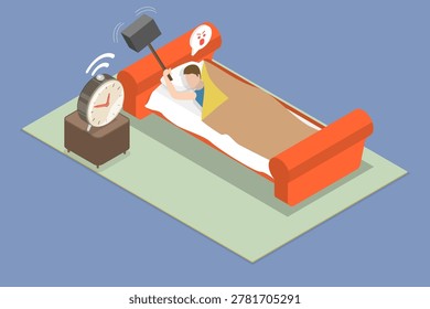 3D Isometric Flat Vector Illustration of Alarmclock, Man Smashes Alarm Clock With Hammer On Day Off To Avoid Hated Job.
