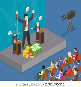 3D Isometric Flat Vector Illustration of Oligarchy, Money-Wielding Puppeteer Manipulating Politician On Podium.